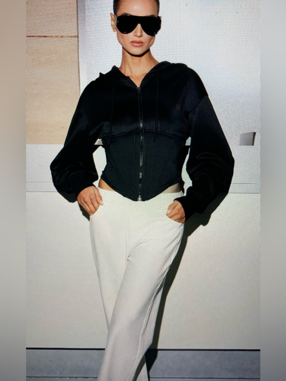 Black Hooded Zip-Up Corset Sweatshirt - Women's